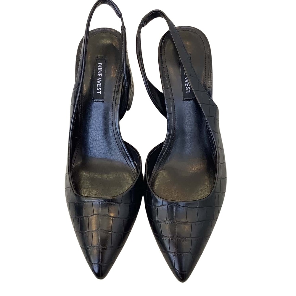 Nine West Black Croc Embossed Slingback Block Heel Pointed Toe Pumps Size 7.5M